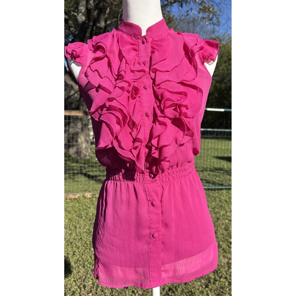 Y2K Rue21 Fuchsia Semi-Sheer Ruffle‎ Front Grunge W/cami Buttoned Blouse Shirt S
